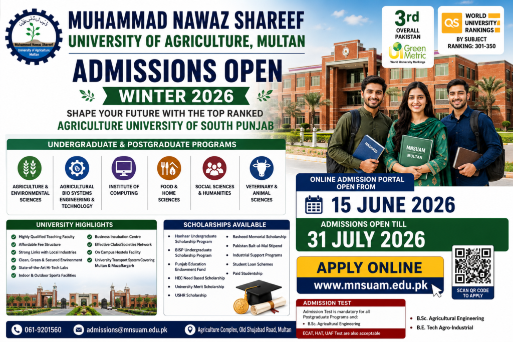 MNSUAM Winter Admissions 2026 for BS MS MSc PhD and ADP programs at Muhammad Nawaz Shareef University of Agriculture Multan.