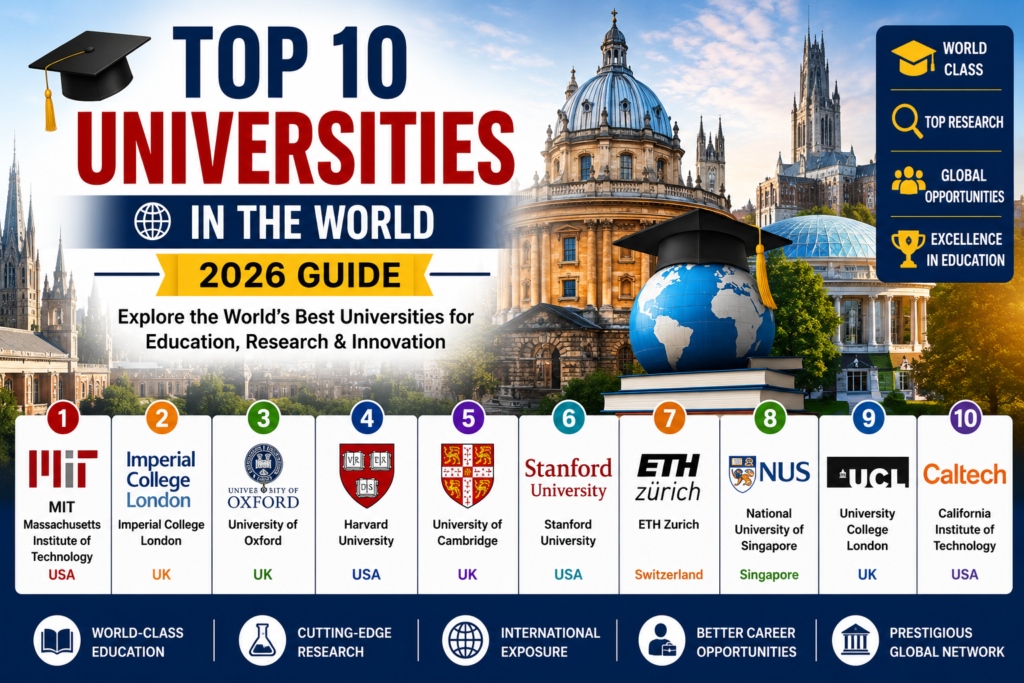 Top 10 universities in the world including MIT, Imperial College London, Oxford, Harvard, Cambridge, Stanford, ETH Zurich, NUS, UCL and Caltech.