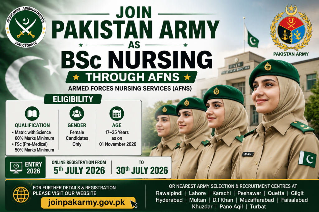 Pakistan Army AFNS BSc Nursing 2026 online registration for female candidates